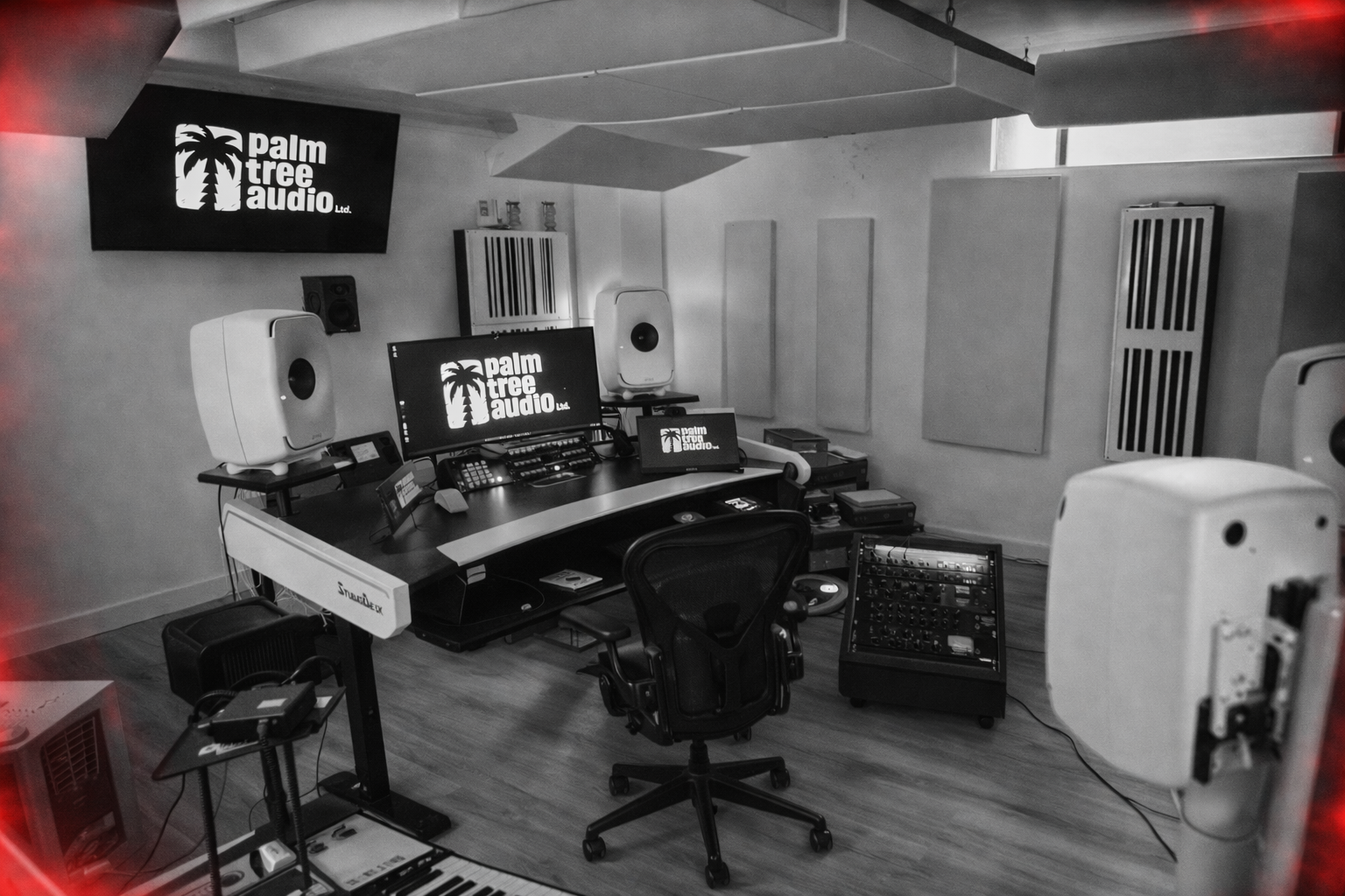 The main room, with monitors and a four screen editing setup